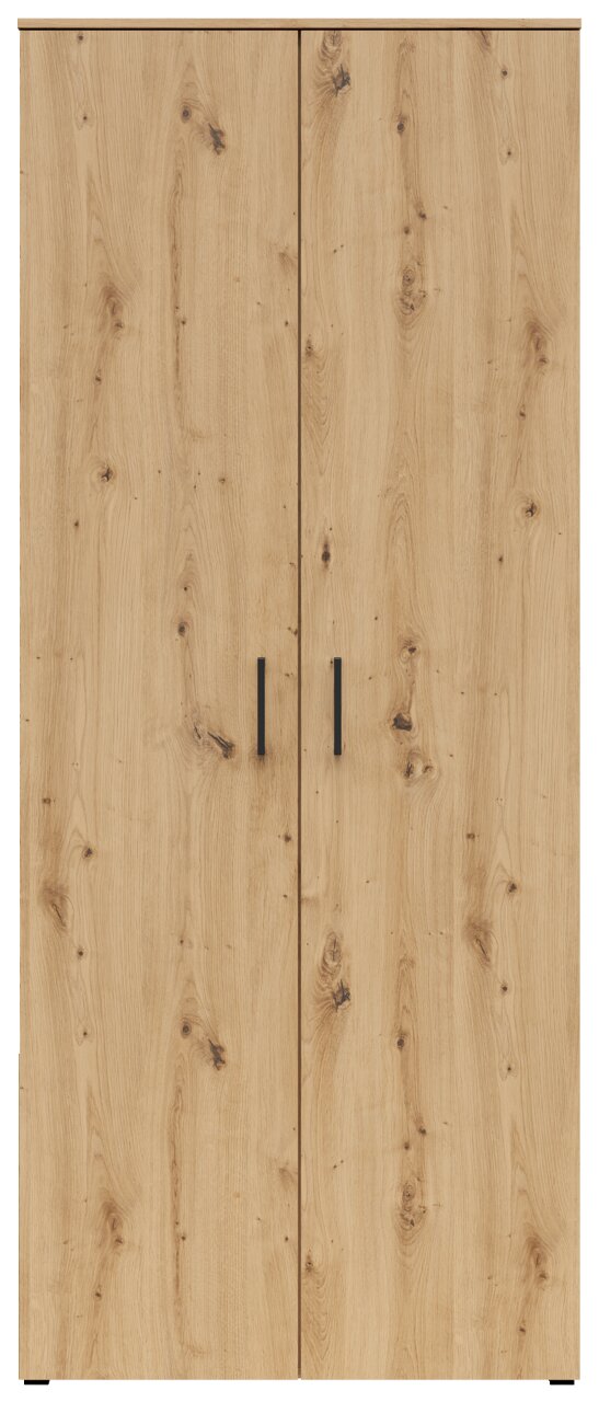 Vorderansicht eines Mehrzweck-Vorratsschranks mit Holzoptik und zwei Türen.