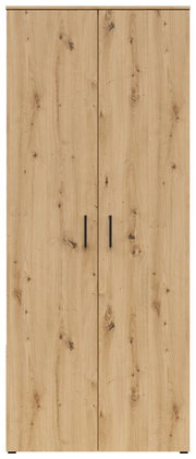 Vorderansicht eines Mehrzweck-Vorratsschranks mit Holzoptik und zwei Türen.