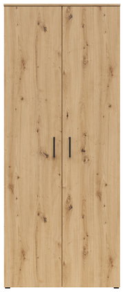Vorderansicht eines Mehrzweck-Vorratsschranks mit Holzoptik und zwei Türen.