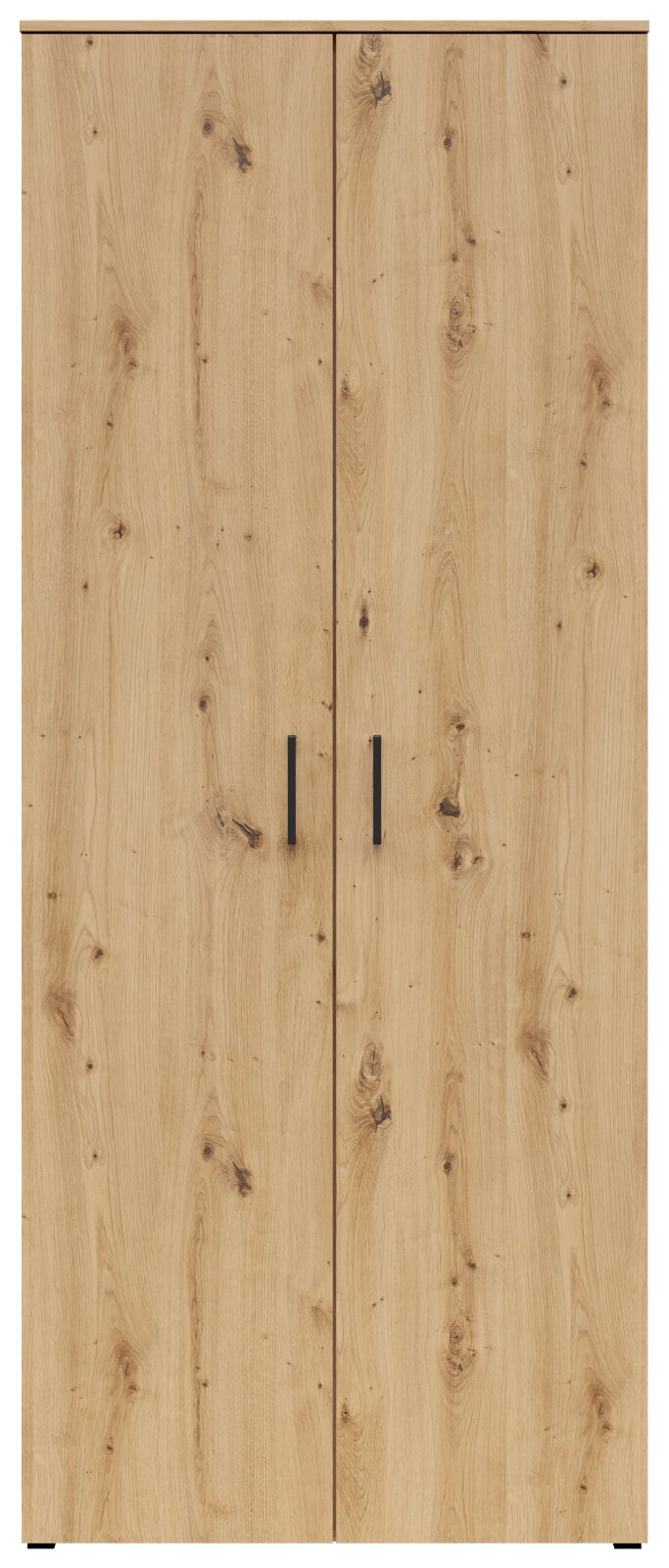 Vorderansicht eines Mehrzweck-Vorratsschranks mit Holzoptik und zwei Türen.
