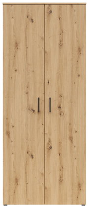Vorderansicht eines Mehrzweck-Vorratsschranks mit Holzoptik und zwei Türen.