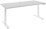 Moderner weißer E-Schreibtisch mit rechteckiger Tischplatte und höhenverstellbaren T-Füßen, seitliche Perspektive