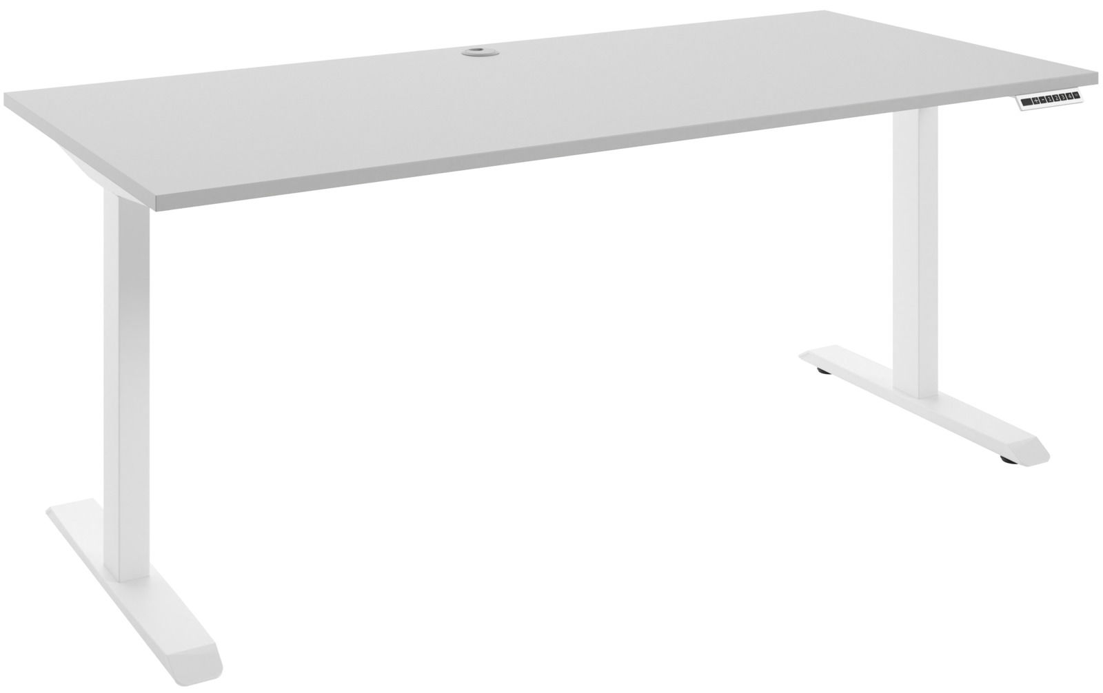Moderner weißer E-Schreibtisch mit rechteckiger Tischplatte und höhenverstellbaren T-Füßen, seitliche Perspektive