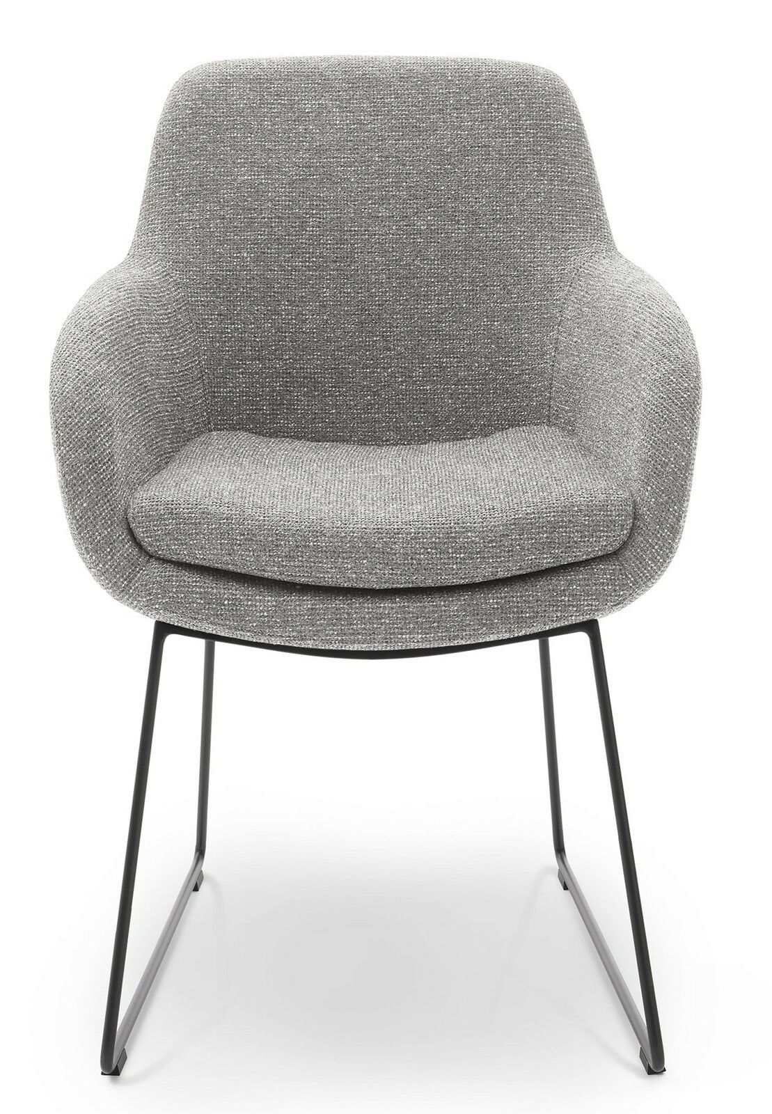 Grauer Armlehnstuhl mit modernem Design und Metallbeinen, Frontalansicht