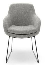 Grauer Armlehnstuhl mit modernem Design und Metallbeinen, Frontalansicht