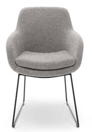 Grauer Armlehnstuhl mit modernem Design und Metallbeinen, Frontalansicht