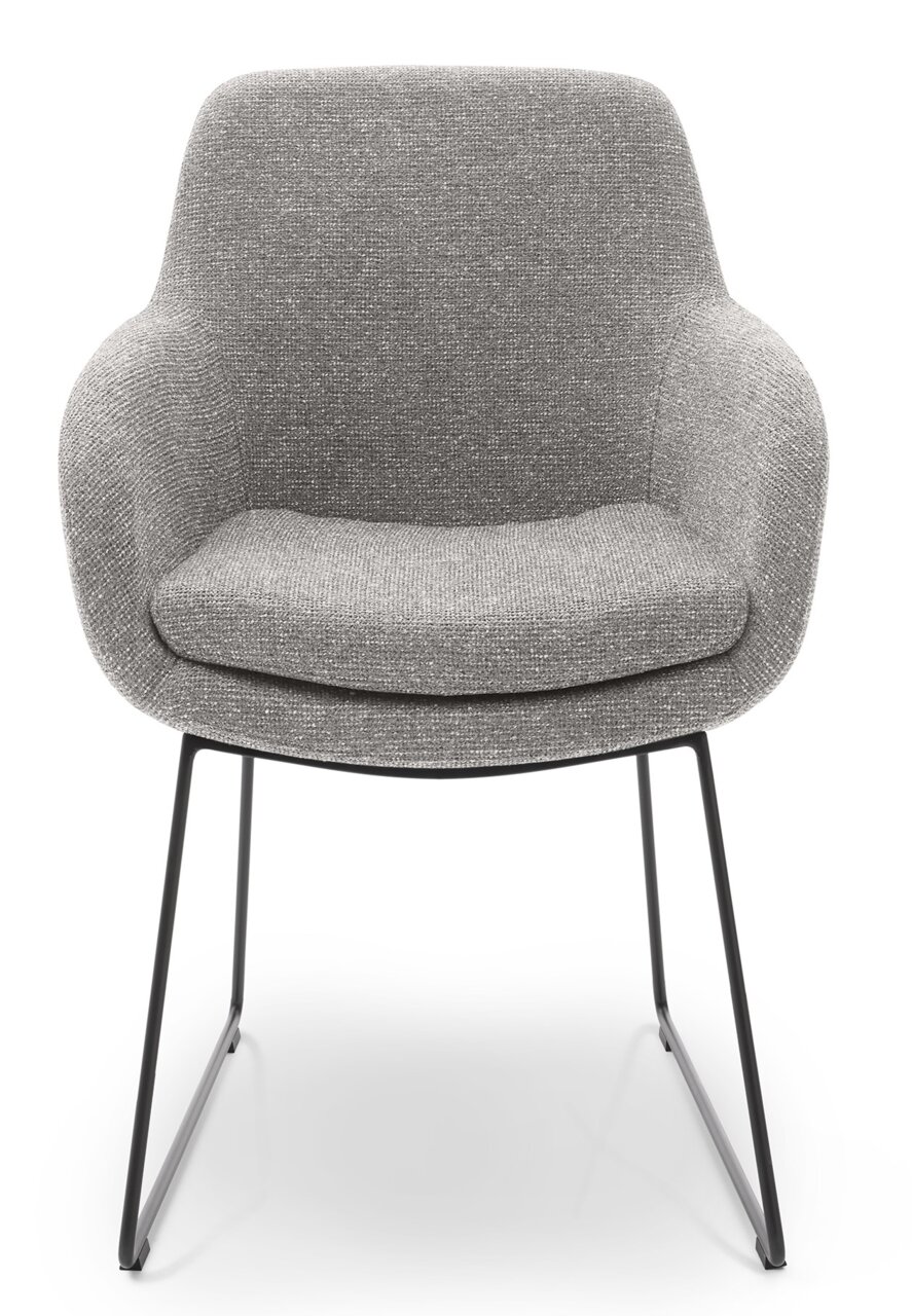 Grijze fauteuil met een modern ontwerp en metalen poten, vooraanzicht