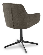 Rückansicht eines Armlehnstuhls mit dunkelgrauem Stoffbezug und schwarzem Metallfußgestell.