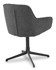 Rückansicht eines Armlehnstuhls mit dunkelgrauem Stoffbezug und schwarzem Metallfußgestell.