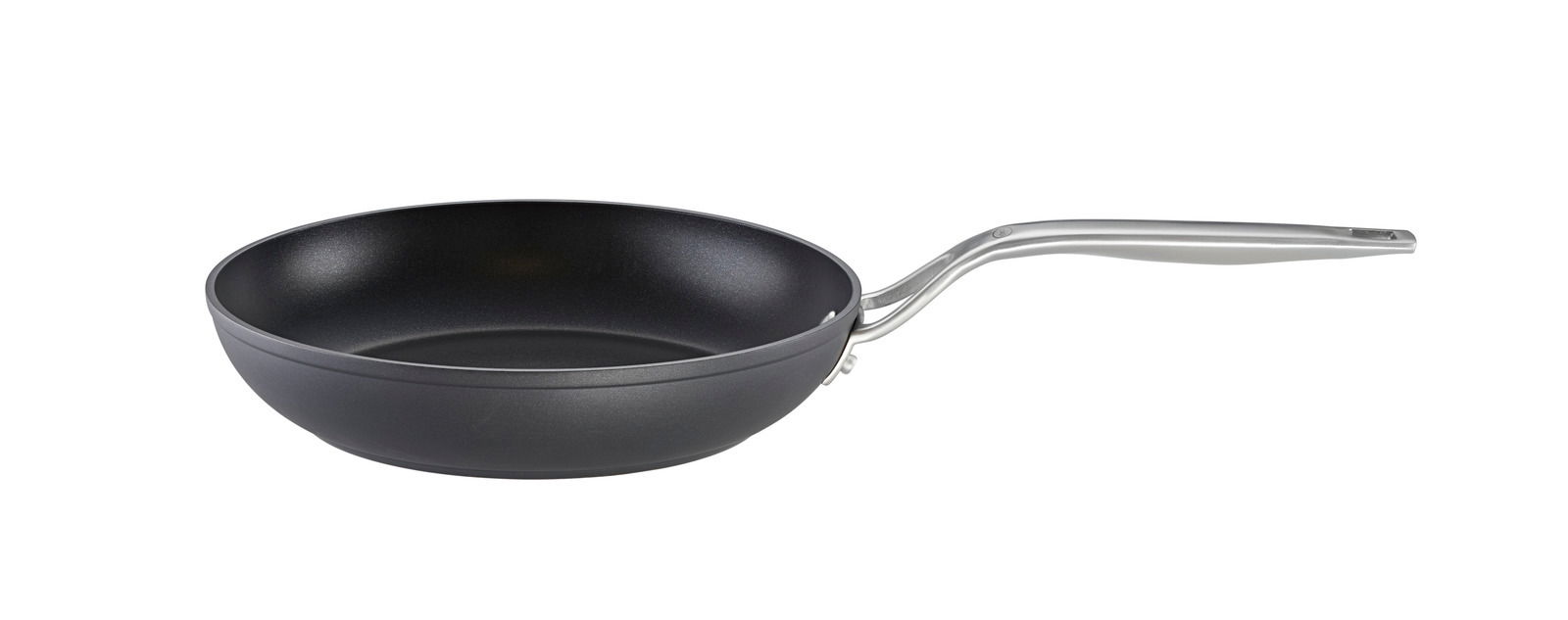 Schwarze Bratpfanne Raise mit silbernem Griff, seitliche Perspektive