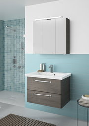 Moderner Badblock mit Waschbecken und Spiegelschrank, seitliche Perspektive