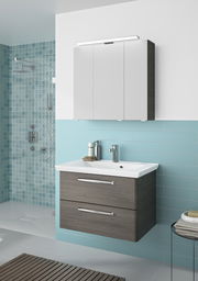 Moderner Badblock mit Waschbecken und Spiegelschrank, seitliche Perspektive