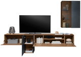 Moderne Wandkombination aus Holz mit TV, Regalen und Dekorationen, frontal betrachtet.