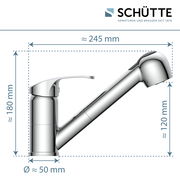 Seitliche Ansicht einer modernen Spültischarmatur mit ausziehbarem Auslauf, ca. 245 mm lang, 180 mm hoch und 50 mm im Durchmesser.