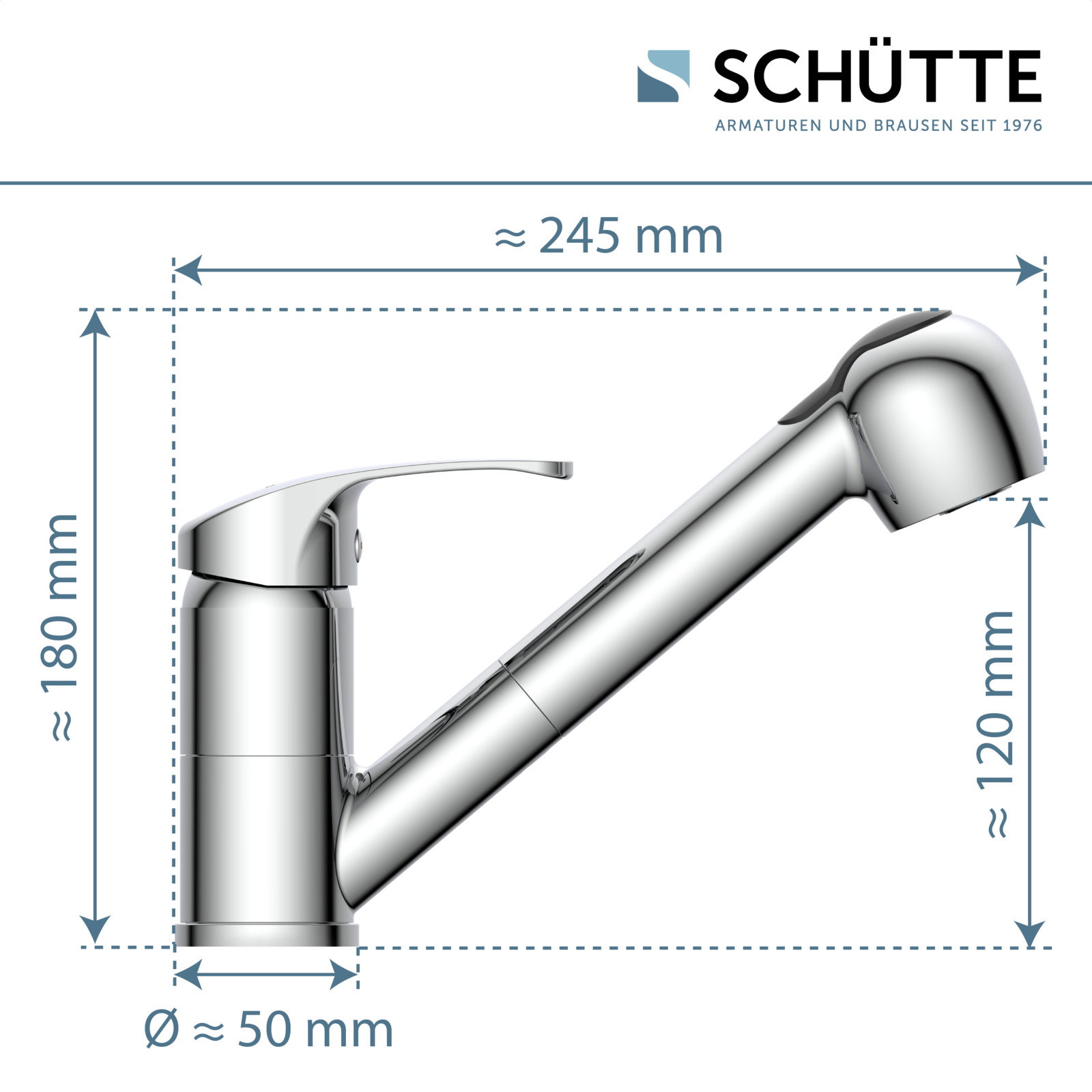 Seitliche Ansicht einer modernen Spültischarmatur mit ausziehbarem Auslauf, ca. 245 mm lang, 180 mm hoch und 50 mm im Durchmesser.