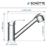 Seitliche Ansicht einer modernen Spültischarmatur mit ausziehbarem Auslauf, ca. 245 mm lang, 180 mm hoch und 50 mm im Durchmesser.