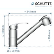 Seitliche Ansicht einer modernen Spültischarmatur mit ausziehbarem Auslauf, ca. 245 mm lang, 180 mm hoch und 50 mm im Durchmesser.