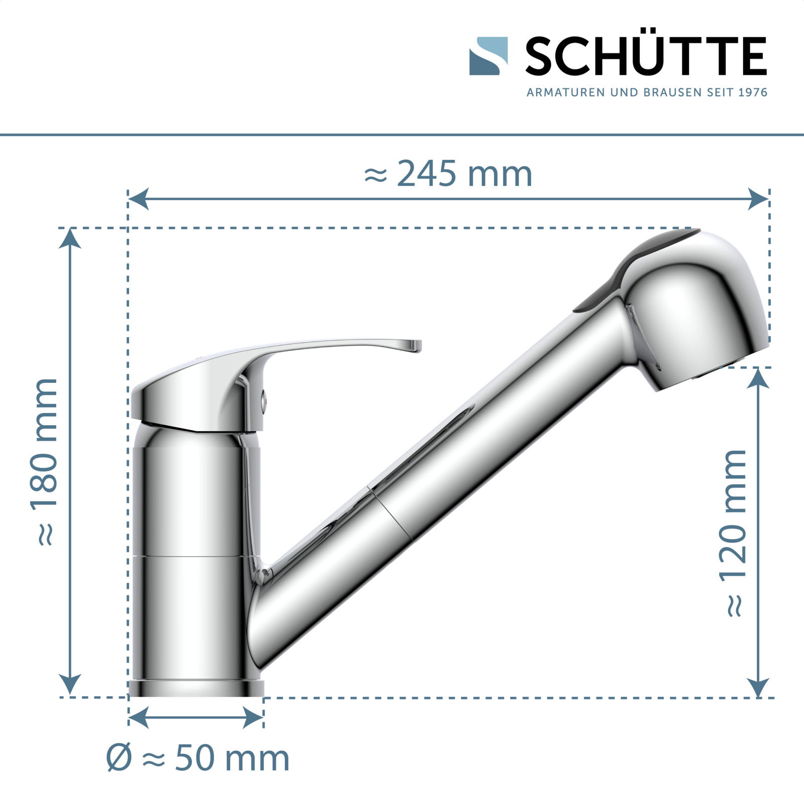 Seitliche Ansicht einer modernen Spültischarmatur mit ausziehbarem Auslauf, ca. 245 mm lang, 180 mm hoch und 50 mm im Durchmesser.