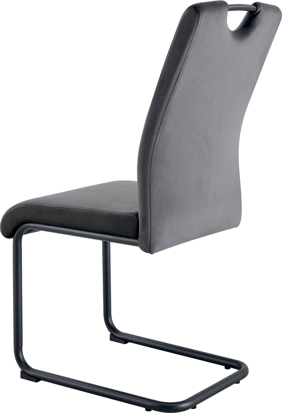 Grauer Polster-Freischwinger-Stuhl mit hoher Rückenlehne und Griffaussparung, schwarzes Metallgestell, Seitenansicht schräg von hinten