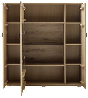 Offenes Highboard aus Holz mit mehreren Fächern und Türen, frontale Ansicht