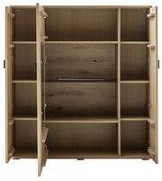 Offenes Highboard aus Holz mit mehreren Fächern und Türen, frontale Ansicht