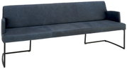 Moderne bank in donkerblauw leer met metalen frame, zijaanzicht