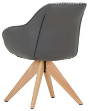 Rückansicht eines modernen Armlehnstuhls mit grauem Polster und Holzbeinen.