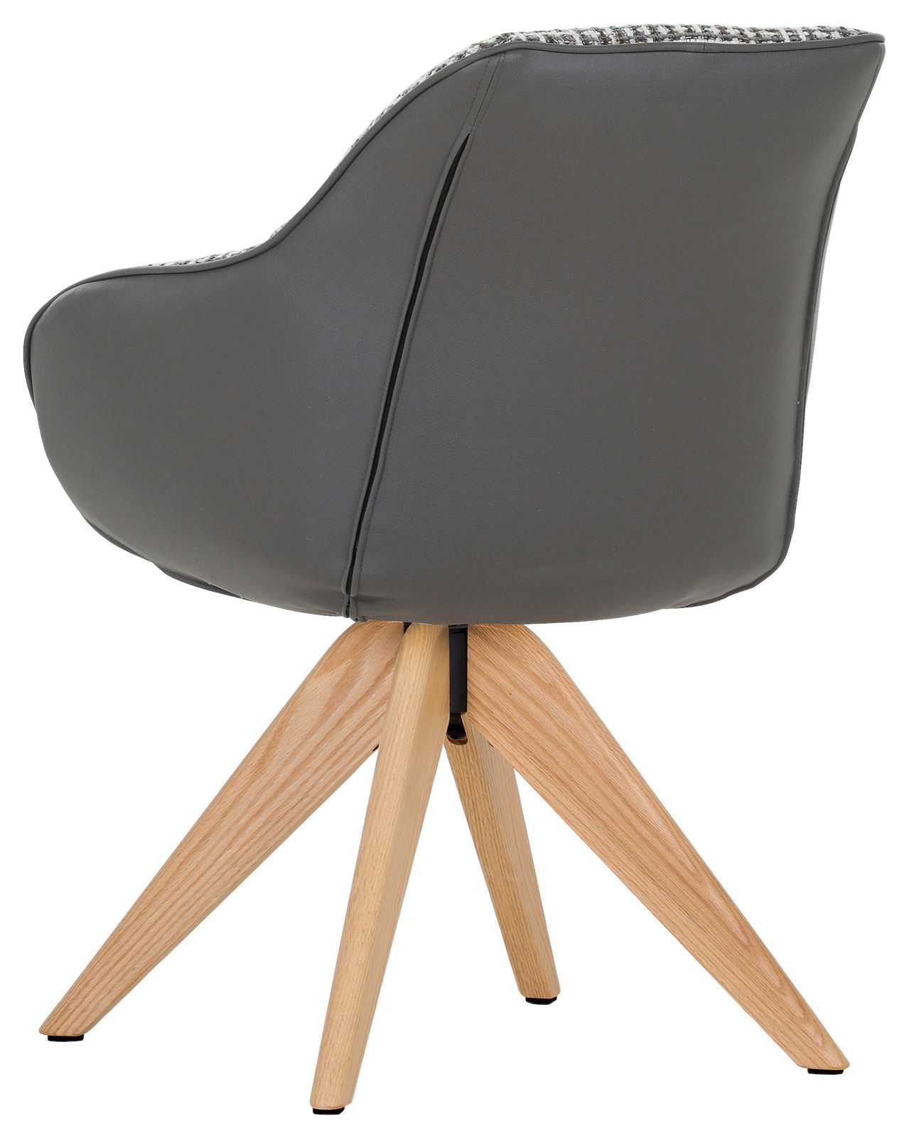 Rückansicht eines modernen Armlehnstuhls mit grauem Polster und Holzbeinen.