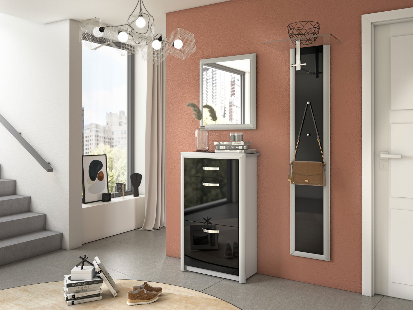 Dieter Knoll Schuhschrank CASTEL Moderner Eingangsbereich mit einem schwarzen Schuhschrank, einem Spiegel und einem Garderobenpaneel an einer terrakottafarbenen Wand. Perspektive von vorne.