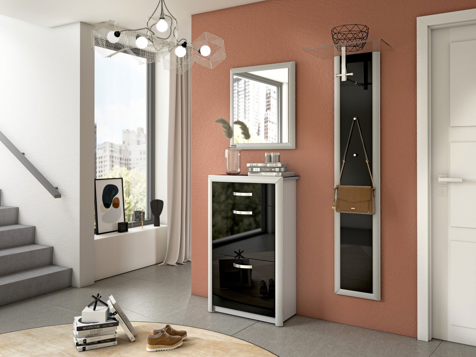 Moderner Eingangsbereich mit einem schwarzen Schuhschrank, einem Spiegel und einem Garderobenpaneel an einer terrakottafarbenen Wand. Perspektive von vorne.