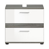 Moderner Waschbeckenunterschrank mit zwei Schubladen in Weiß und Holzoptik, Frontalansicht