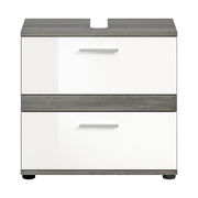 Moderner Waschbeckenunterschrank mit zwei Schubladen in Weiß und Holzoptik, Frontalansicht