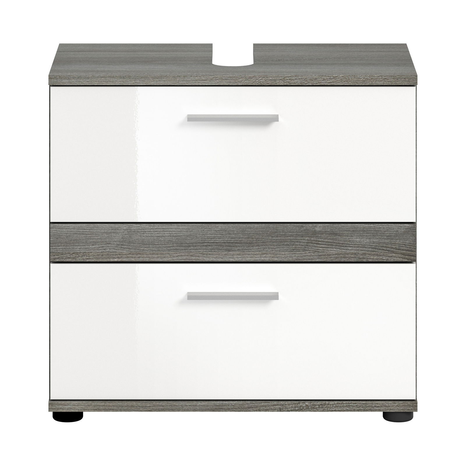 Moderner Waschbeckenunterschrank mit zwei Schubladen in Weiß und Holzoptik, Frontalansicht