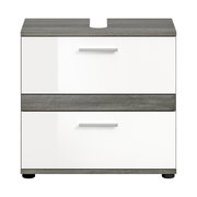 Moderner Waschbeckenunterschrank mit zwei Schubladen in Weiß und Holzoptik, Frontalansicht