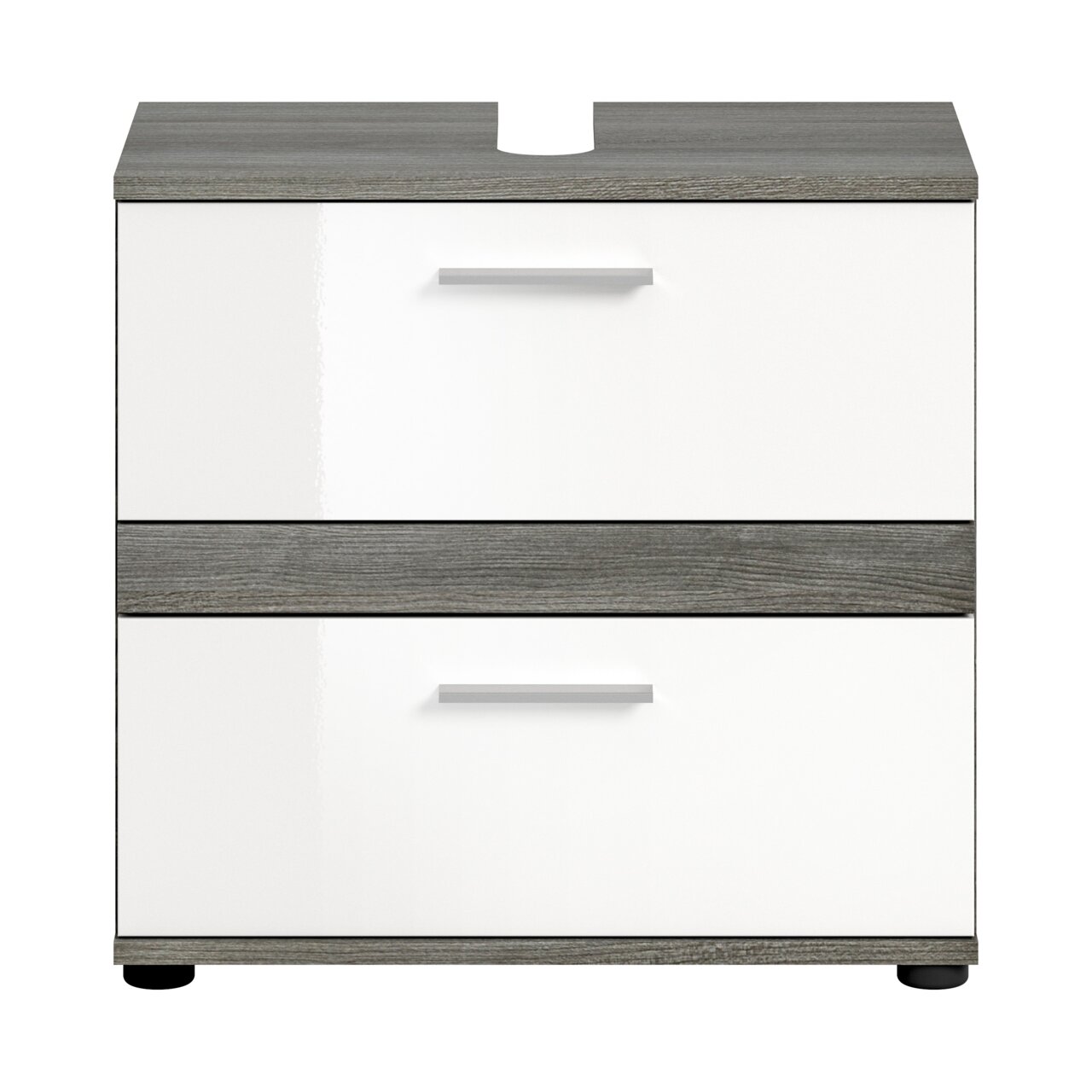 Moderner Waschbeckenunterschrank mit zwei Schubladen in Weiß und Holzoptik, Frontalansicht