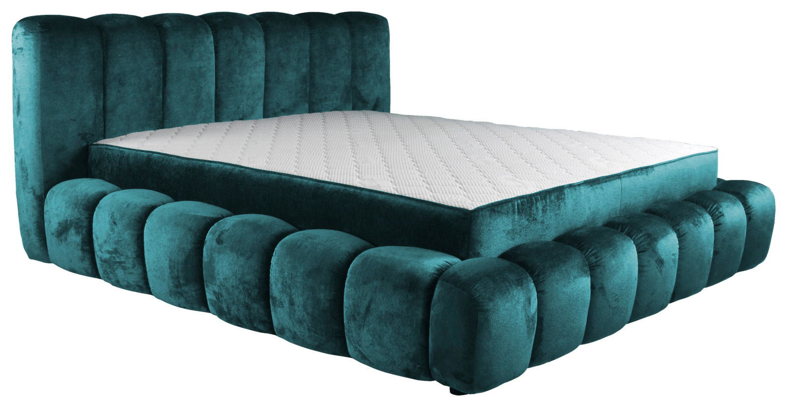 Polsterbett in türkisfarbenem Samt mit gestepptem Kopfteil und abgerundeten Kanten, seitliche Perspektive