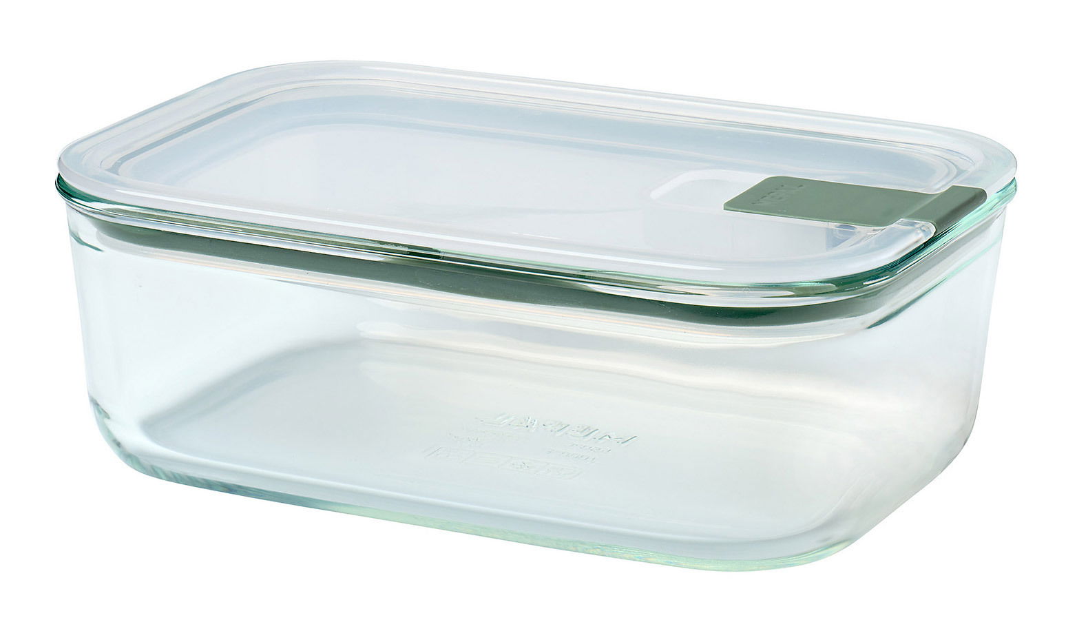 Rechteckige Glas-Frischhaltedose mit grünem Easyclip-Verschluss, seitliche Perspektive
