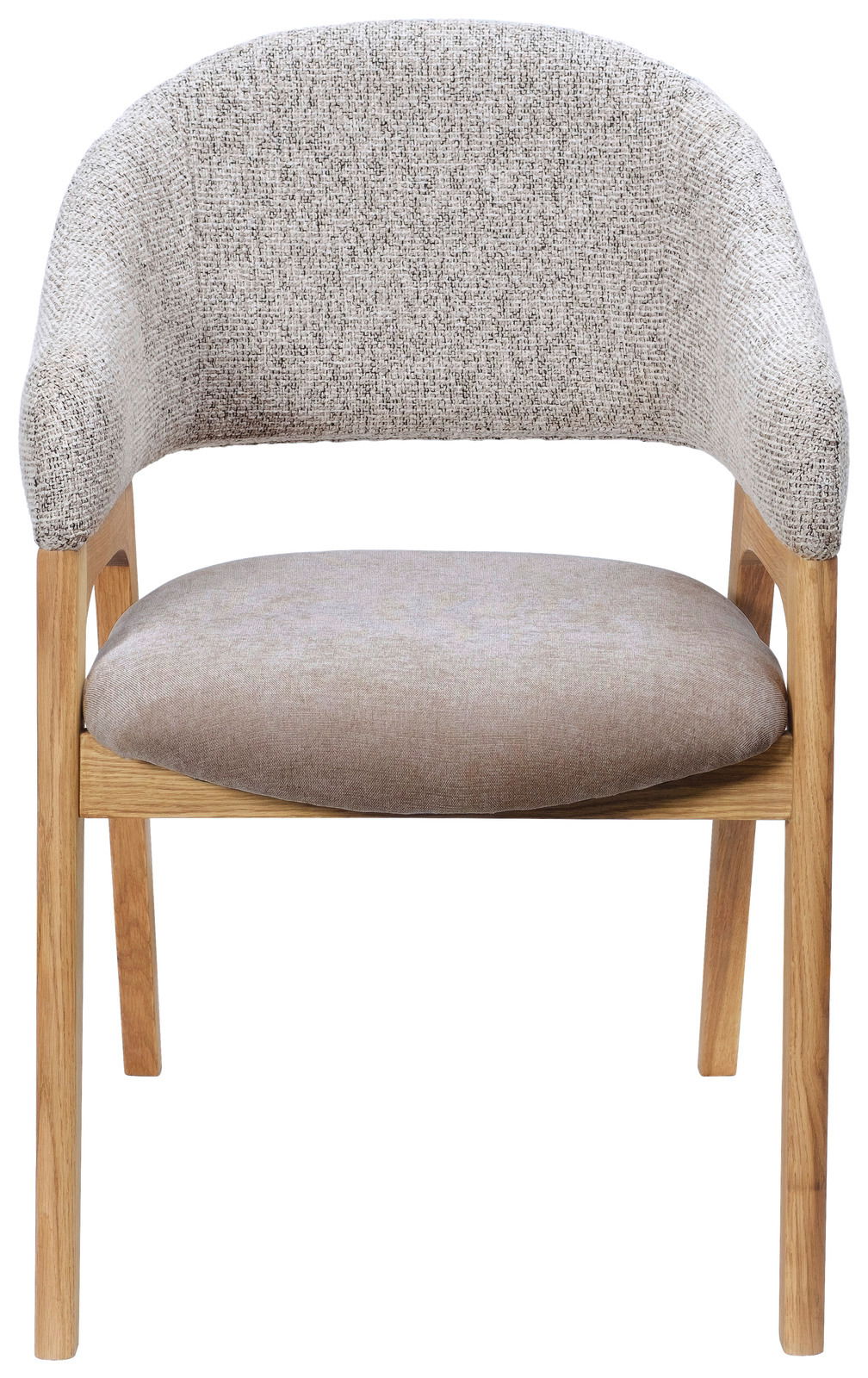 Frontansicht eines modernen Armlehnstuhls mit gepolstertem Sitz und Rückenlehne, Holzbeinen und einem eleganten Design.