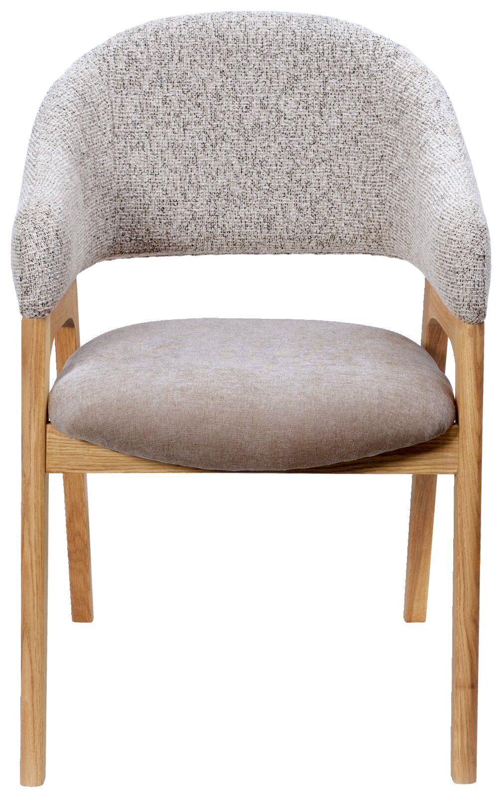 Vooraanzicht van een moderne fauteuil met gestoffeerde zitting en rugleuning, houten poten en een elegant ontwerp.