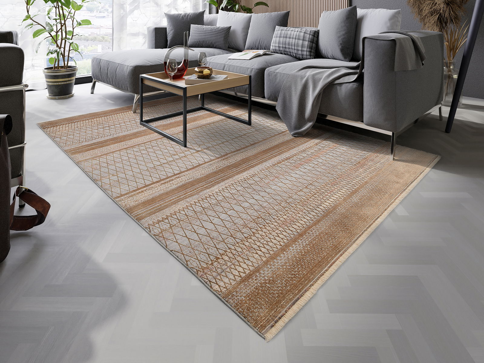 Designer Teppich in einem modernen Wohnzimmer, Perspektive von schräg oben, mit grauem Sofa und Couchtisch.