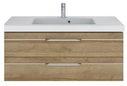 Frontale Ansicht eines modernen Waschtischs mit Holzoptik und integriertem Waschbecken.