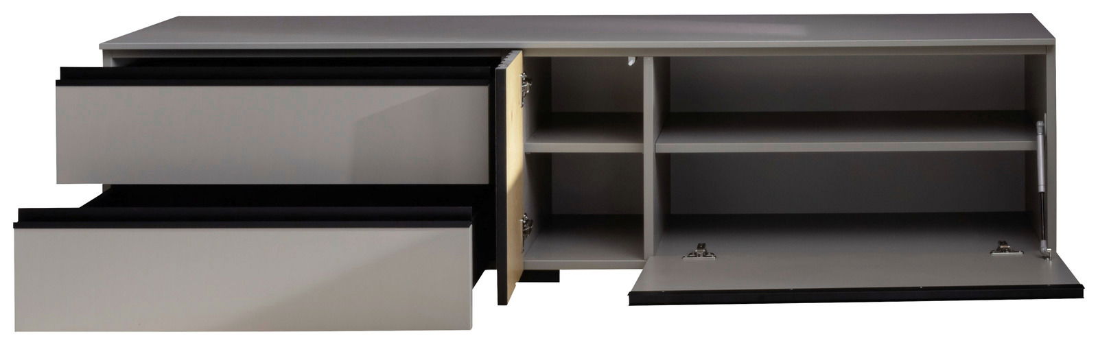 TV-Lowboard mit zwei offenen Schubladen und einem offenen Schrankfach, frontale Ansicht