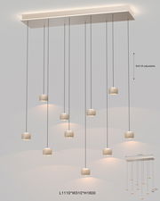 Moderne LED-Pendelleuchte mit mehreren hängenden Lampen, seitliche Perspektive, weiches Licht, höhenverstellbar.