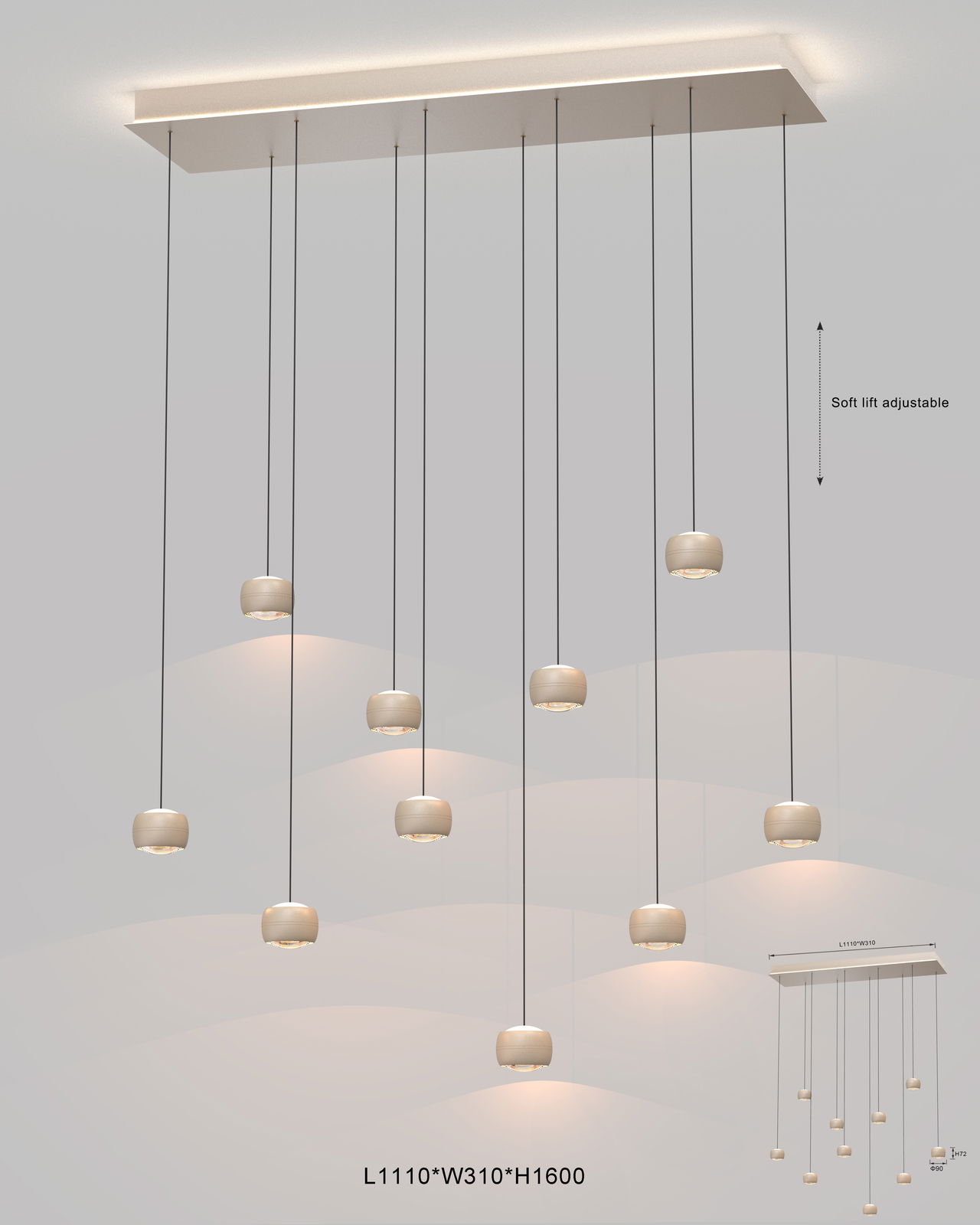 Moderne LED-Pendelleuchte mit mehreren hängenden Lampen, seitliche Perspektive, weiches Licht, höhenverstellbar.