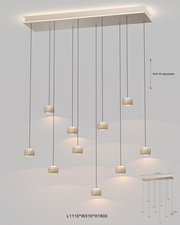 Moderne LED-Pendelleuchte mit mehreren hängenden Lampen, seitliche Perspektive, weiches Licht, höhenverstellbar.