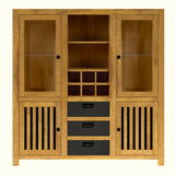 Frontale Ansicht eines Highboards aus Holz mit Glastüren, offenen Regalfächern und Schubladen.