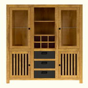 Frontale Ansicht eines Highboards aus Holz mit Glastüren, offenen Regalfächern und Schubladen.