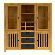 Frontale Ansicht eines Highboards aus Holz mit Glastüren, offenen Regalfächern und Schubladen.