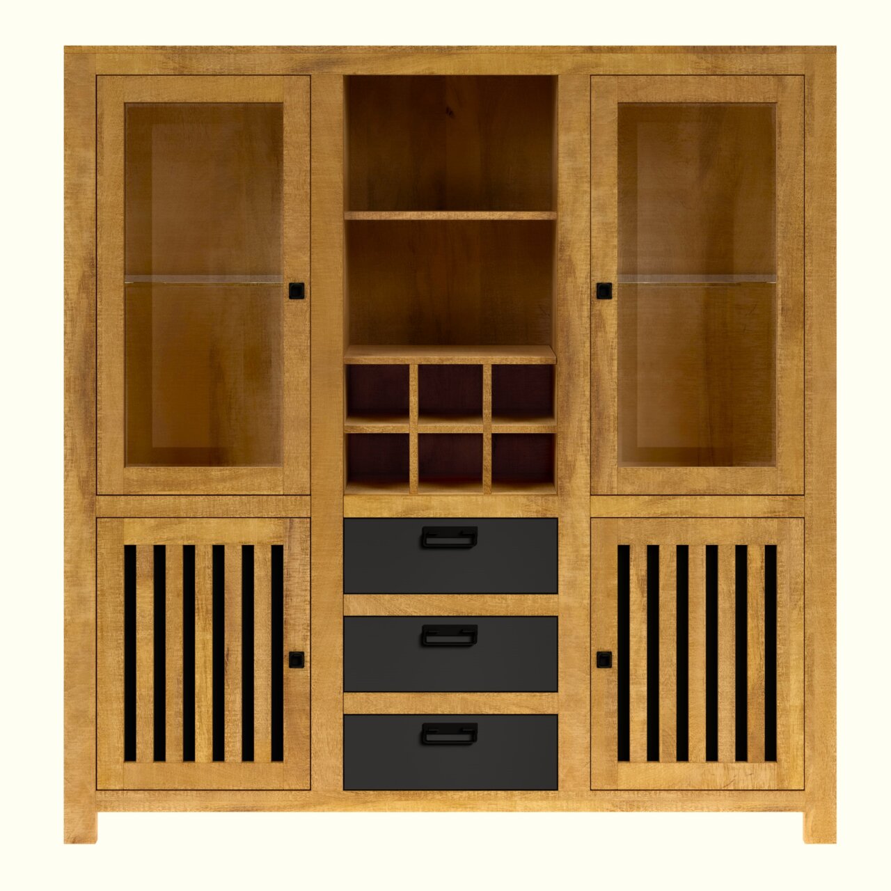 Frontale Ansicht eines Highboards aus Holz mit Glastüren, offenen Regalfächern und Schubladen.