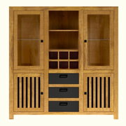 Frontale Ansicht eines Highboards aus Holz mit Glastüren, offenen Regalfächern und Schubladen.